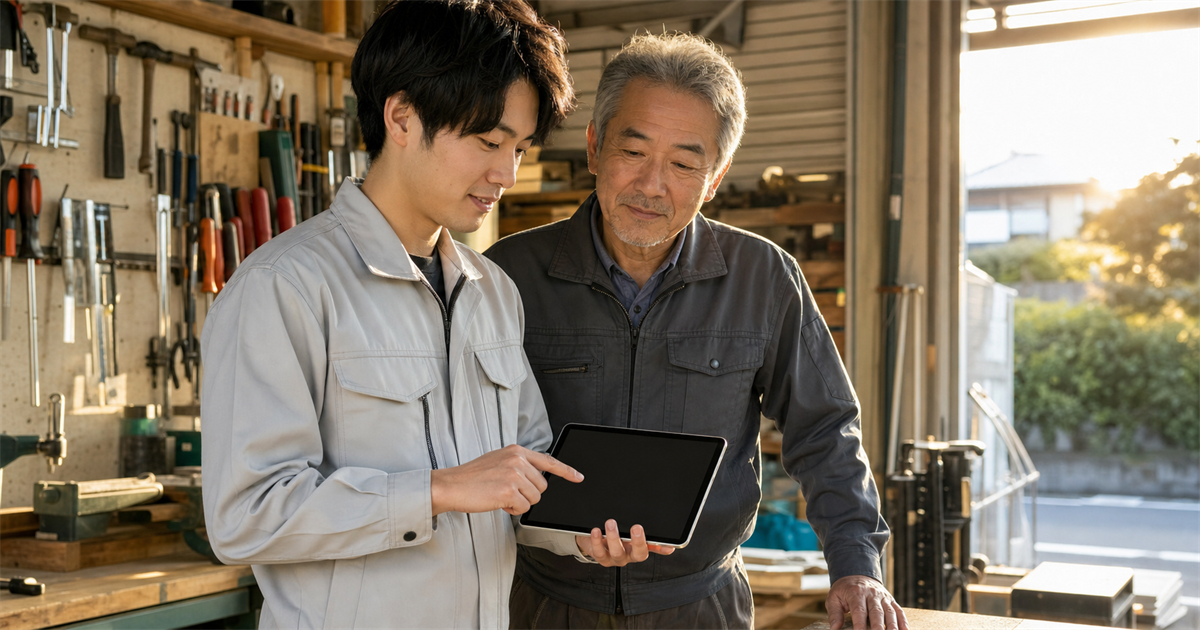 作業場で若手職人がタブレットを操作し、ベテランが見守る。登録後の運用の定着を示す