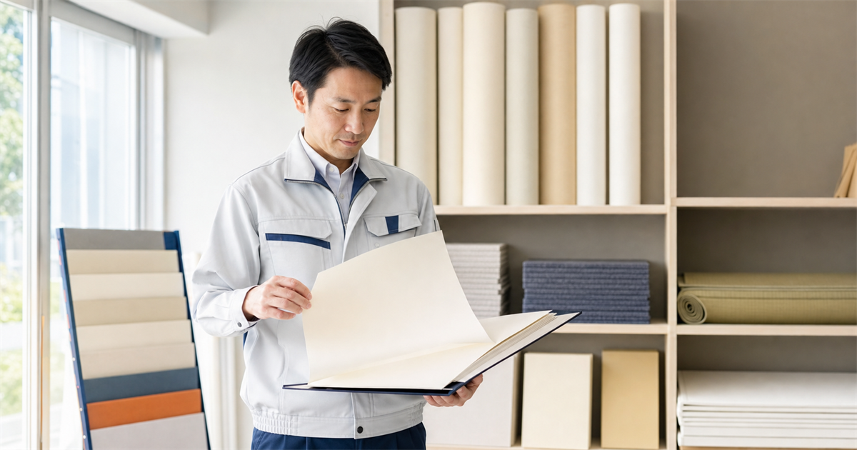 内装仕上げの材料サンプル（壁紙・床材・ボード）が並ぶショールームで見本帳を確認する内装職人