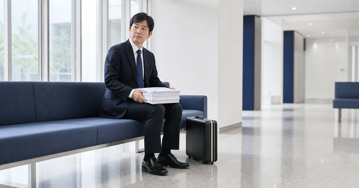 承継認可の申請書類一式を持って行政庁舎の待合ロビーで順番を待つ行政書士