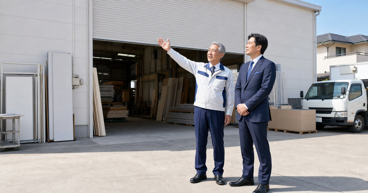 町工場のヤードで年配経営者が第三者承継の相手に自社の工場を案内する場面