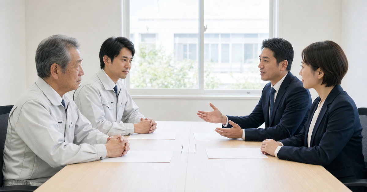 経営者と後継者が行政書士・税理士と会議室で事業承継の進め方を相談する4人の打合せ