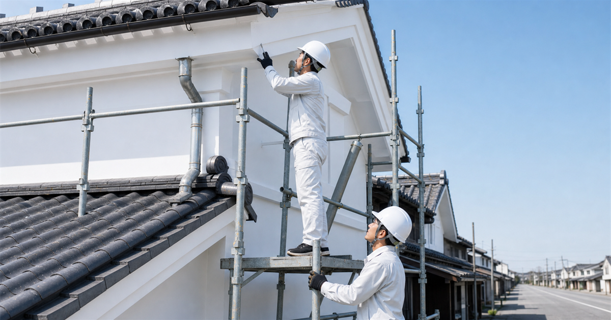 春日部市の旧街道沿いで白壁の蔵造り商家を足場を組んで改修する2人の職人