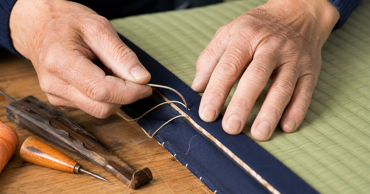 畳の縁を手縫いする畳職人の手元｜技能検定（畳製作）による営業所技術者等の要件のイメージ
