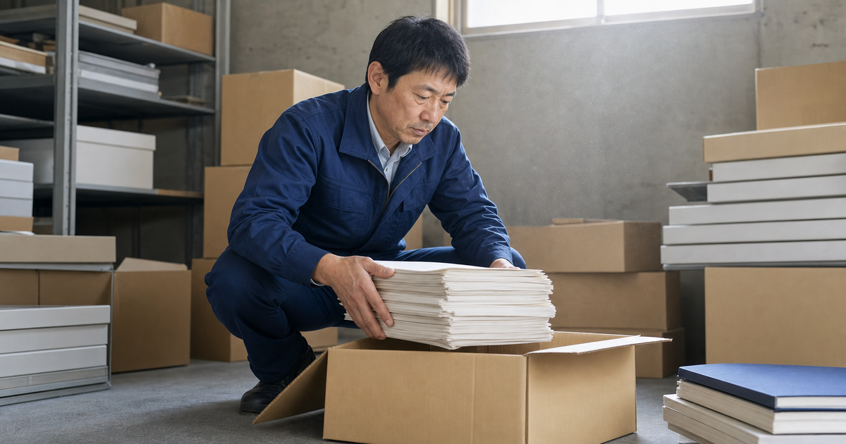 倉庫の段ボール箱から過去の書類を取り出す経営者｜実務経験10年の証明資料集めのイメージ