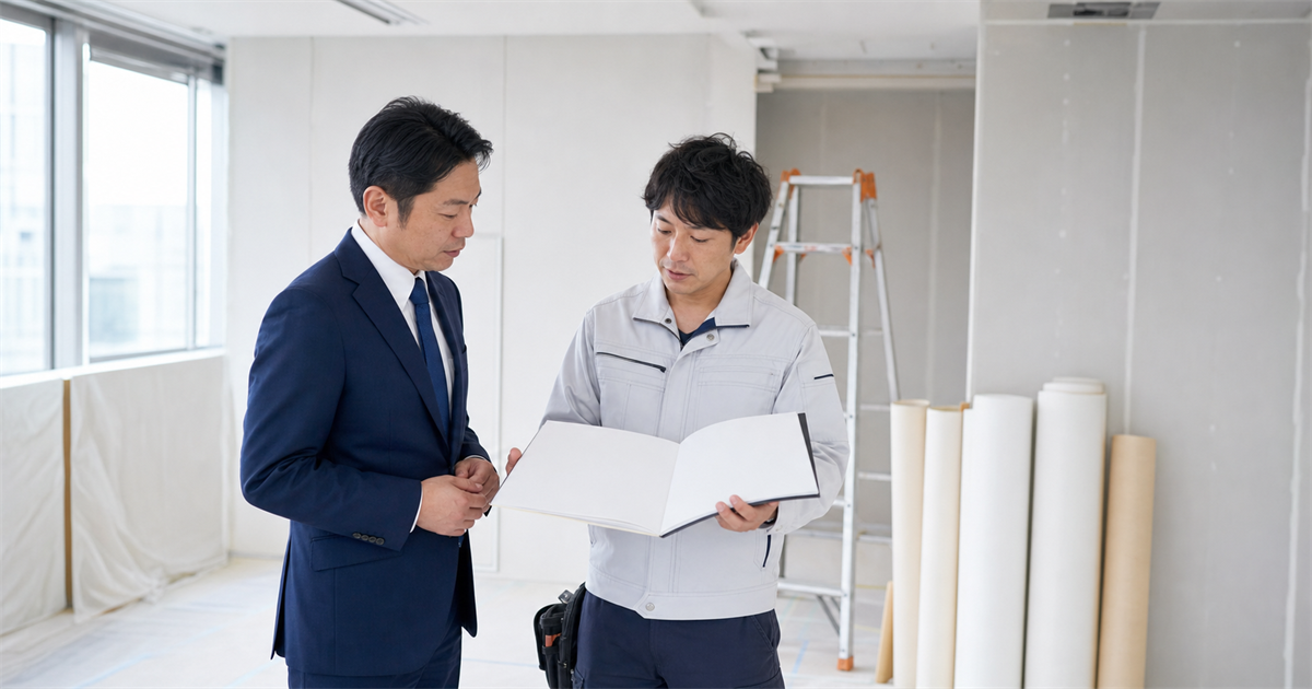内装工事中の現場で書類を確認する行政書士と内装業者｜建設業許可申請の手順相談のイメージ