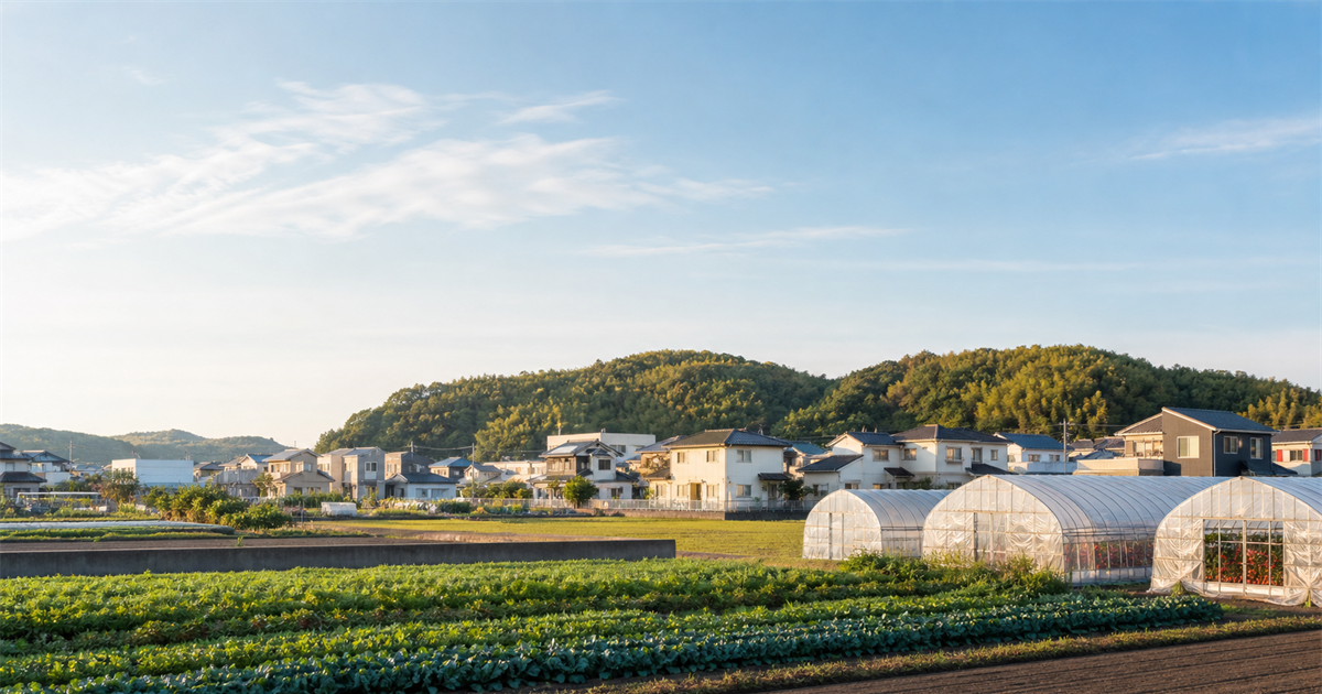 里山と雑木林・住宅地・畑・トマトのビニールハウスが同居する北本市郊外の朝の風景