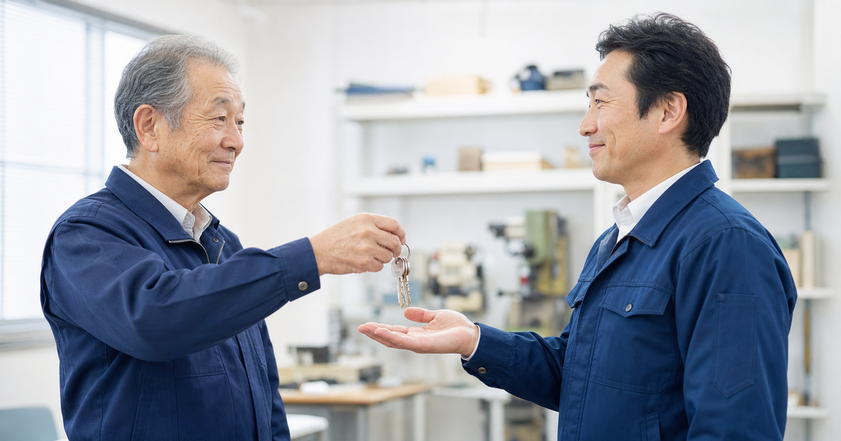 年配経営者が番頭格の従業員に会社の鍵を手渡す従業員承継(MBO)の場面