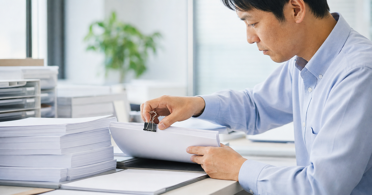 承継認可の書類一式を丁寧に点検・製本する行政書士の手元