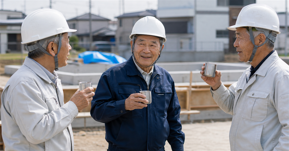 桶川市の建設現場で休憩中に談笑する60〜70代のベテラン建設業者3人。経営者の高齢化が事業承継相談の背景にある