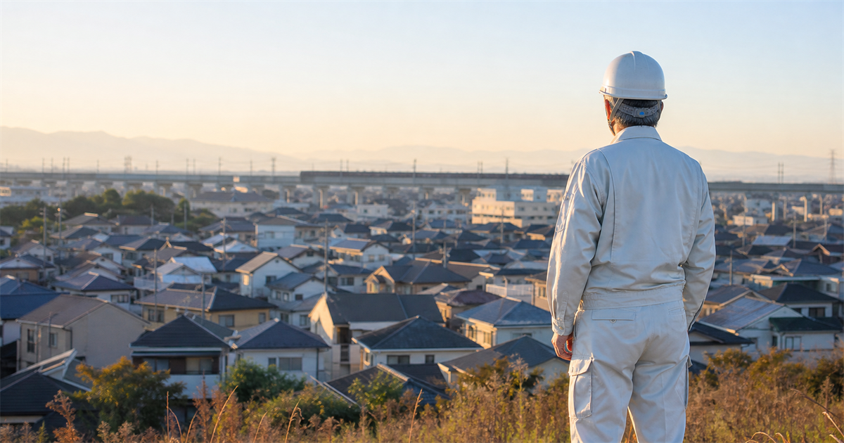 造成が進む伊奈町の住宅地を高台から見渡す建設業経営者（事業承継の相談が集まる背景）