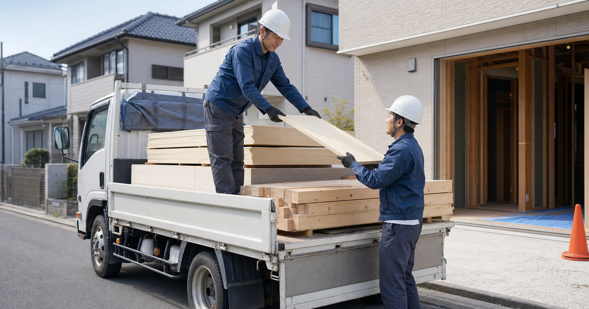 越谷市の住宅改修現場でトラックの荷台から支給された建材を受け取る作業員2人(材料支給は請負代金に加算されるという500万円の線引きのイメージ)