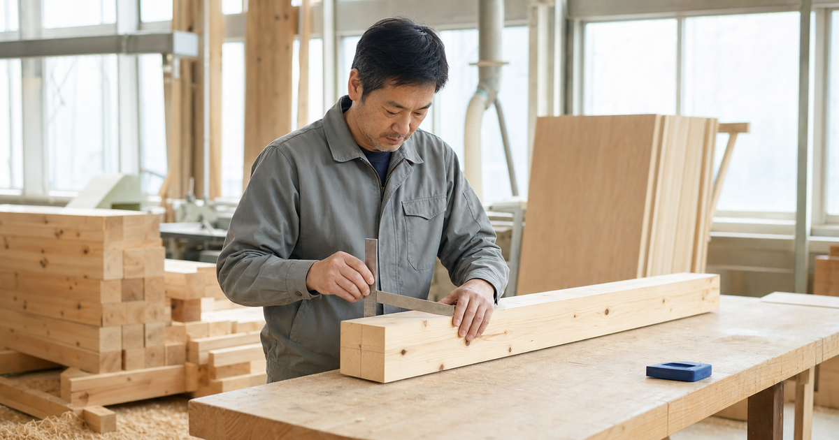 木材加工場で構造用木材の寸法を確認する職人。大工工事業の工事内容である木材の加工・取付けを表すイメージ