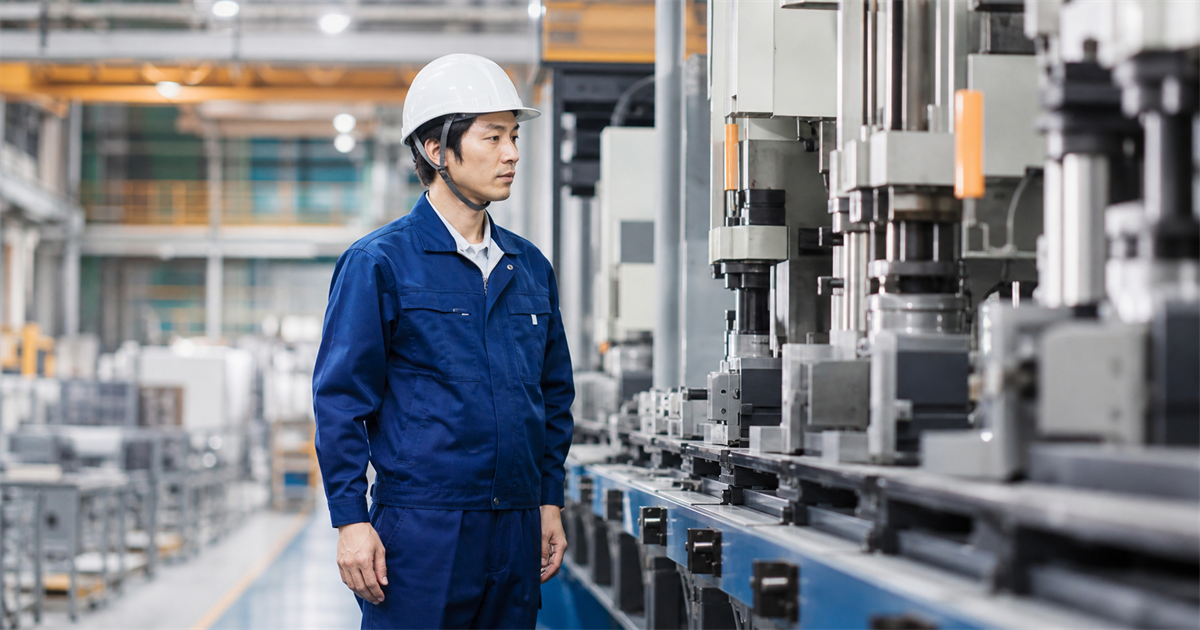 精密機械の工場ラインのそばに立つ技能者——藍染と精密機械のまち羽生市の建設・製造需要