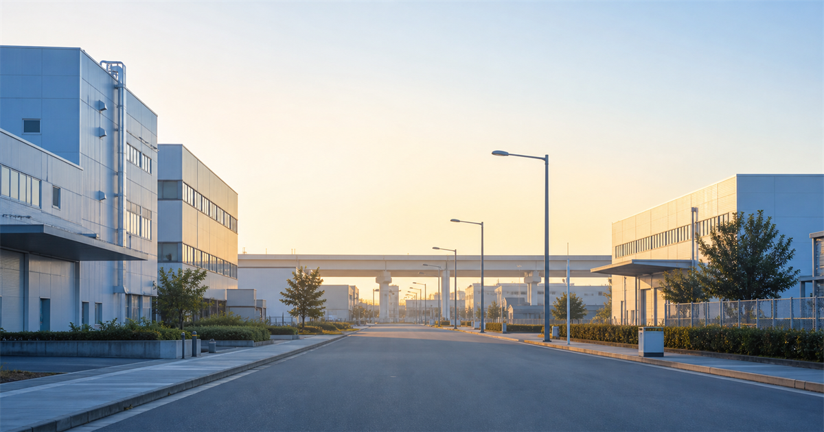 加須市の工業団地の広い産業道路と低層倉庫群の風景(早朝)