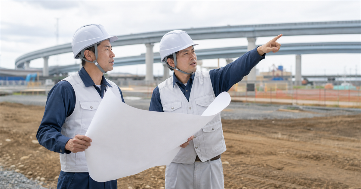 圏央道の高架を背景にした造成現場で図面を見て打ち合わせる久喜市の建設作業員