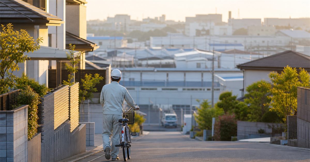 夕方、住宅地と奥の低層工場が同居する白岡市の街路を自転車を押して帰る建設技能者。白岡菖蒲IC周辺の工業団地とJR宇都宮線沿線の住宅都市が同居する地域事情を象徴
