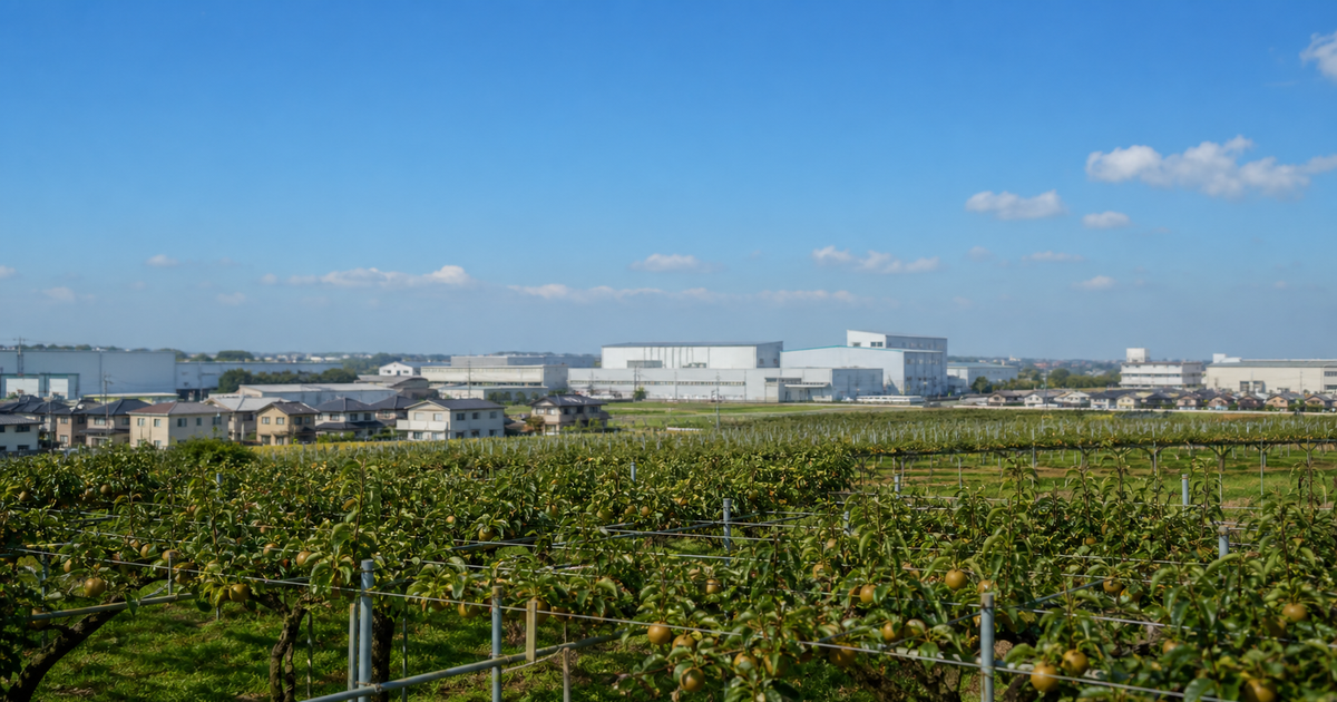 白岡市の梨園越しに工業団地と住宅地が同居する県東部の田園風景