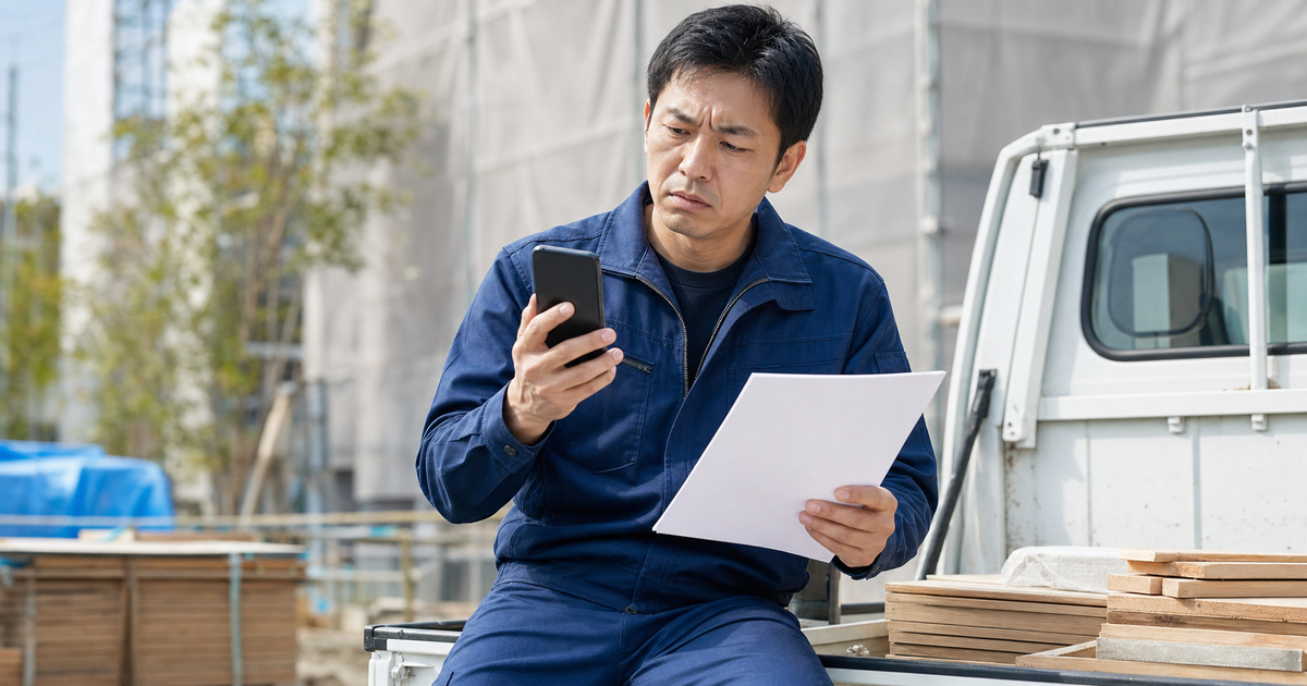 現場でスマホと書類を見比べCCUS登録に困る一人親方。自分で登録すると詰まる落とし穴