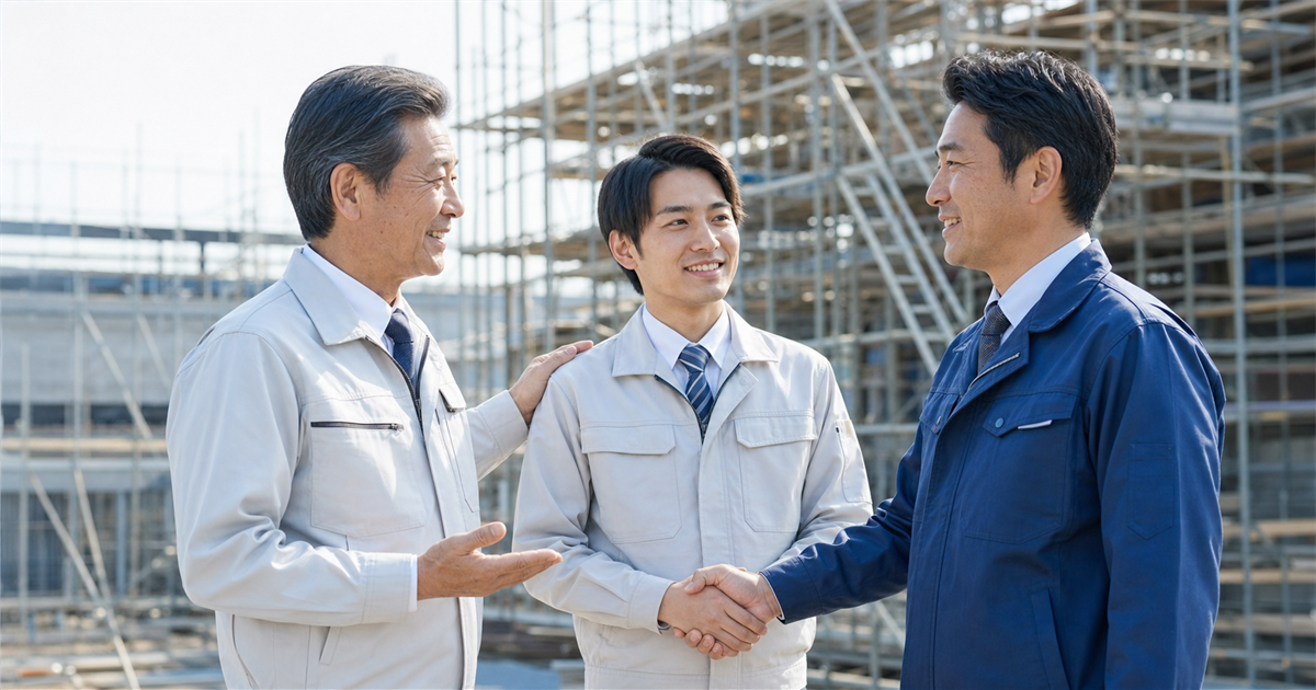 建設現場で後継者を元請の現場監督に引き合わせる伊奈町の建設業経営者（承継価値＝広域の取引口座）