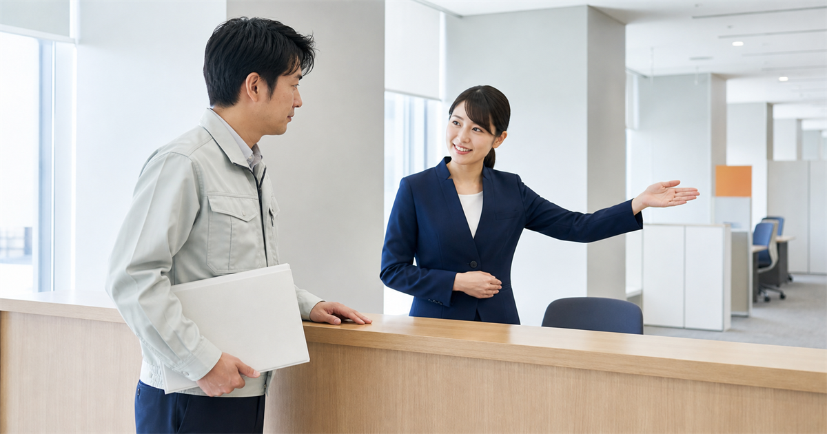 受付カウンターで書類ケースを持つ建設業者に別の窓口を案内するスタッフ(越谷市は中核市でも建設業許可の窓口は市役所ではなく埼玉県庁 建設管理課であることのイメージ)