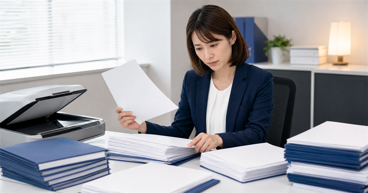 大量の資格証・書類のスキャン整理に追われる事務スタッフ——CCUS詳細型登録の電子化の負担