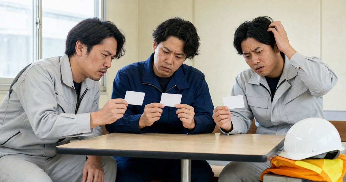 現場休憩室でCCUSカードを見比べて戸惑う3人の技能者。自分で登録すると詰まる落とし穴のイメージ