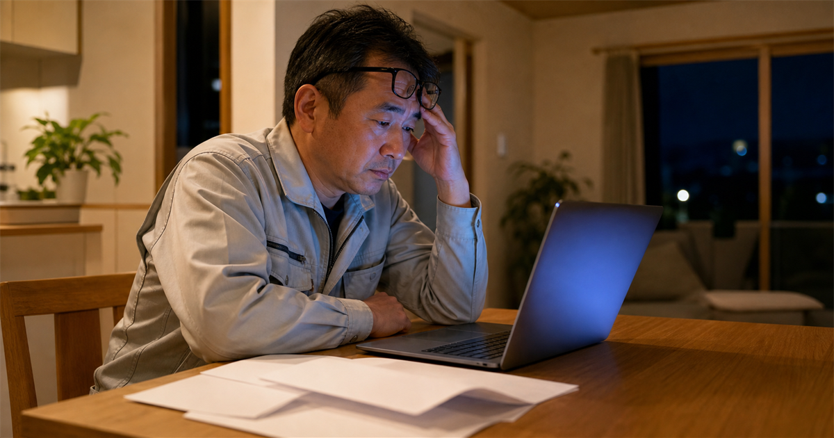 夜、自宅の机でノートPCを前にこめかみを押さえ、CCUSの自己登録に詰まる一人親方。管理者ID・事業者ID・現場IDの3階層混同や社会保険の整合でつまずく落とし穴を象徴