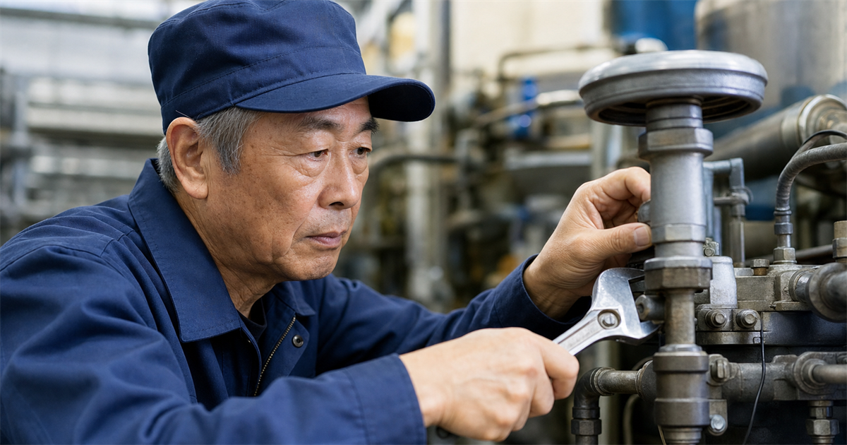操業中の工場構内で設備を補修するベテラン職人の手元