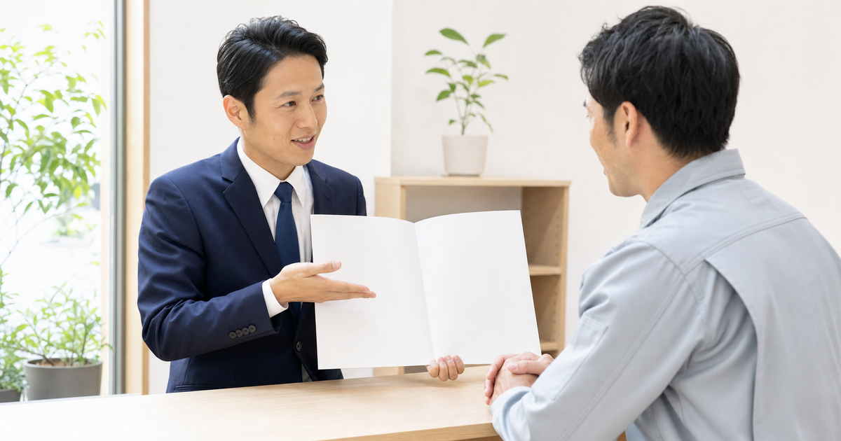 行政書士が料金資料を開いて費用を説明する相談。CCUSの料金体系と桶川市の登録代行の費用相場