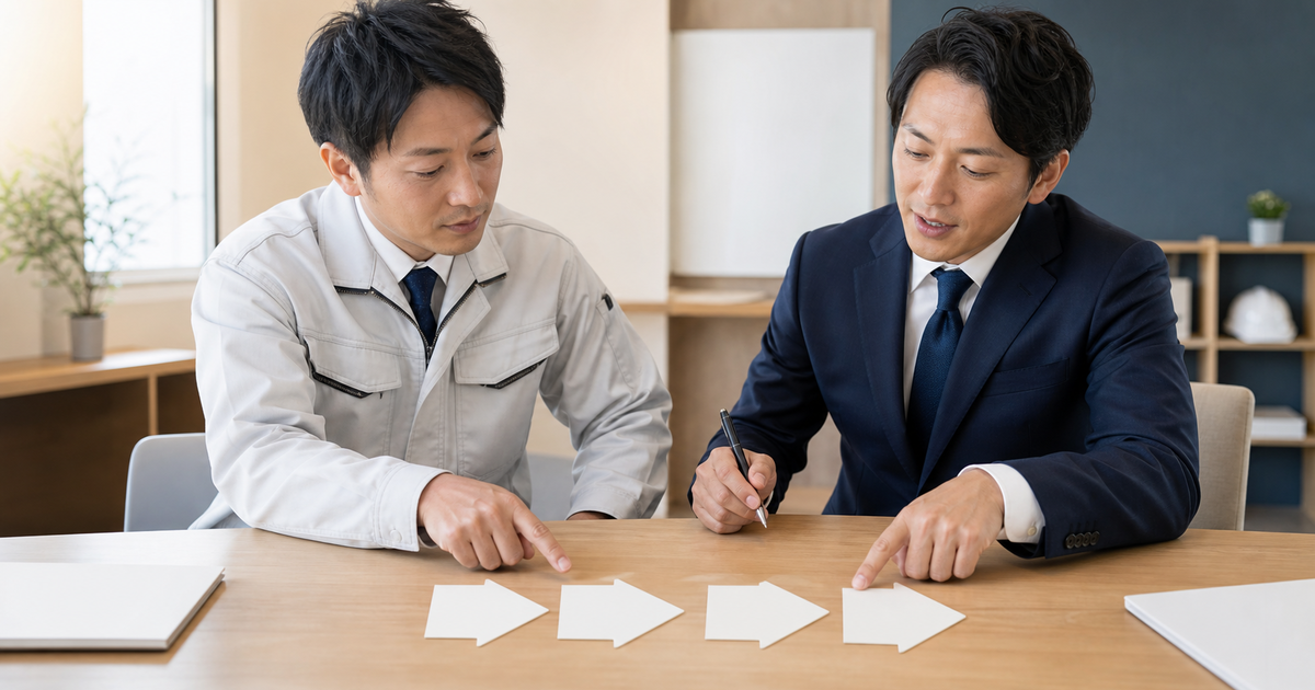 事業承継の4つの選択肢を行政書士とテーブルで比較検討する伊奈町の建設業経営者