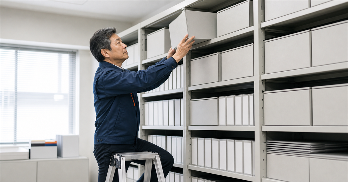 書庫の脚立に足をかけて過去の書類の箱を取り出す建設業の経営者(経営業務の管理責任者と営業所技術者等を過去の証憑で証明する5つの要件のイメージ)