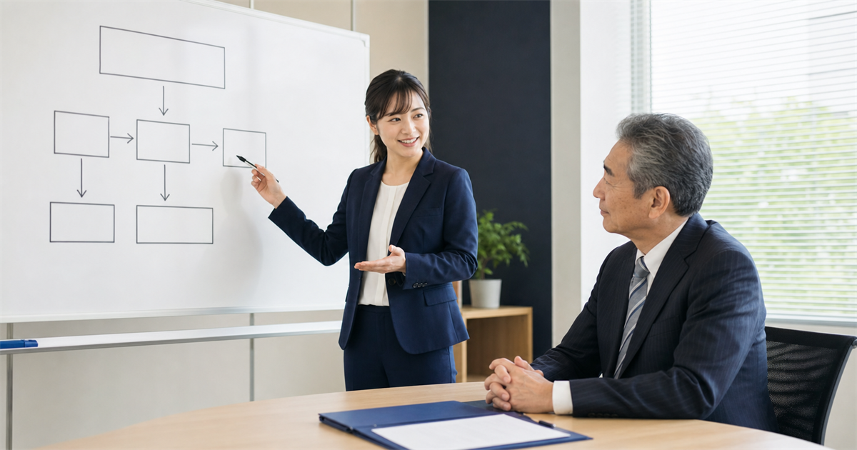 ホワイトボードでCCUSの料金体系を図解して経営者に説明する場面（羽生市の代行費用相場）