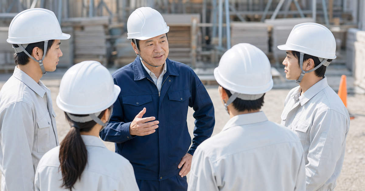 建設現場で親方を囲んで朝礼をする職人たち｜親族内承継・MBO・M&A・廃業の選択肢を考える