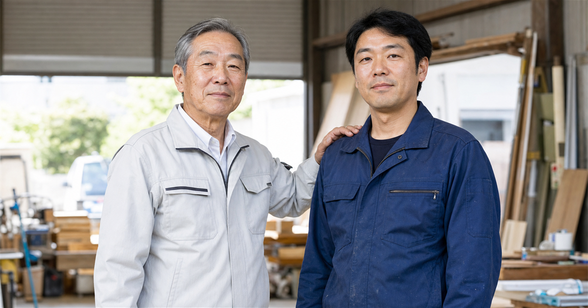 町工場で番頭格の従業員の肩に手を置く年配の経営者(事業承継の選択肢)