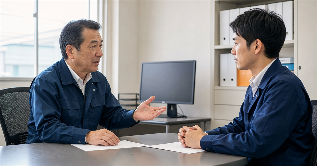 事務所で年配の経営者と番頭格の従業員が机を挟んで事業承継の選択肢を話し合う様子（親族内・従業員承継・M&A・廃業の4つの選択肢）