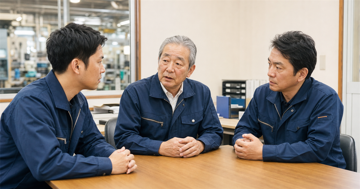 事業承継の選択肢を話し合う経営者と後継者・番頭格の従業員