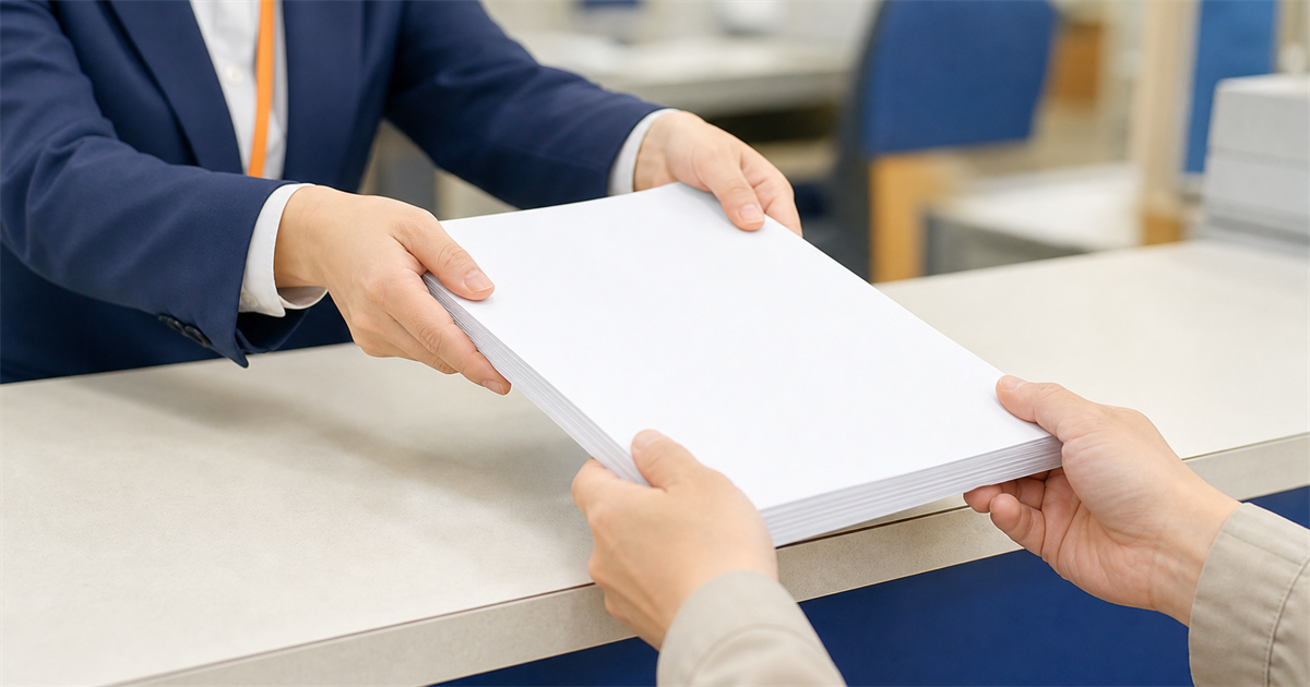 建設業許可の承継認可は書面提出が原則——申請書類一式をカウンターで提出する場面