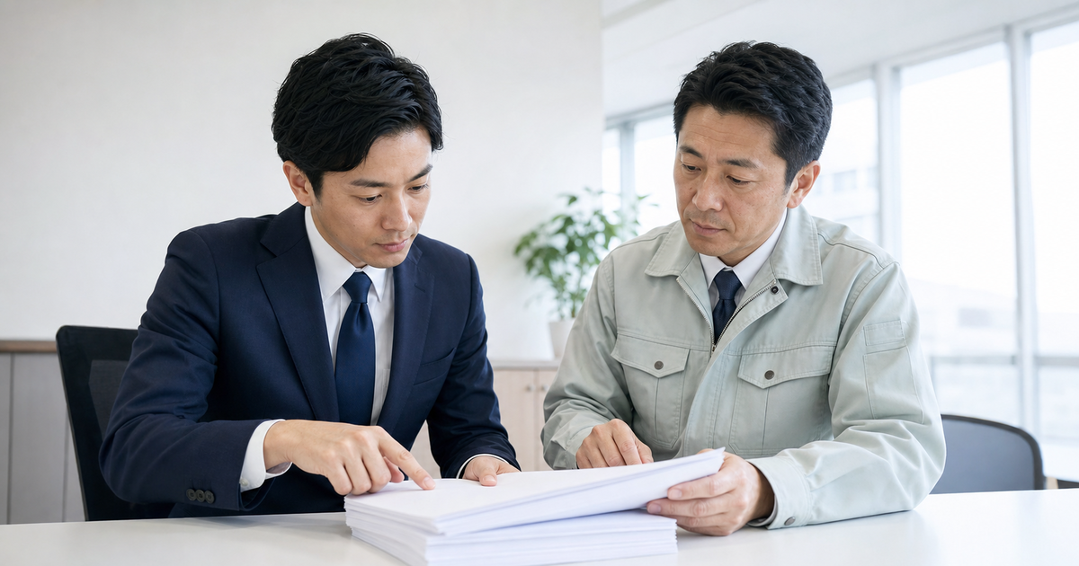 建設業許可の承継認可書類を行政書士と一枚ずつ確認する場面（許可を切らさない段取り）