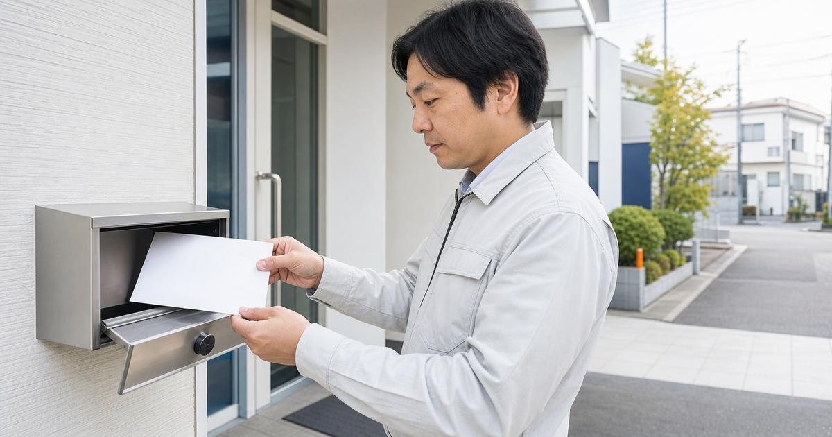 営業所の郵便受けから届いた封筒を取り出す建設業者(許可通知書は主たる営業所へ郵送され窓口交付がないという申請の流れ・期間のイメージ)