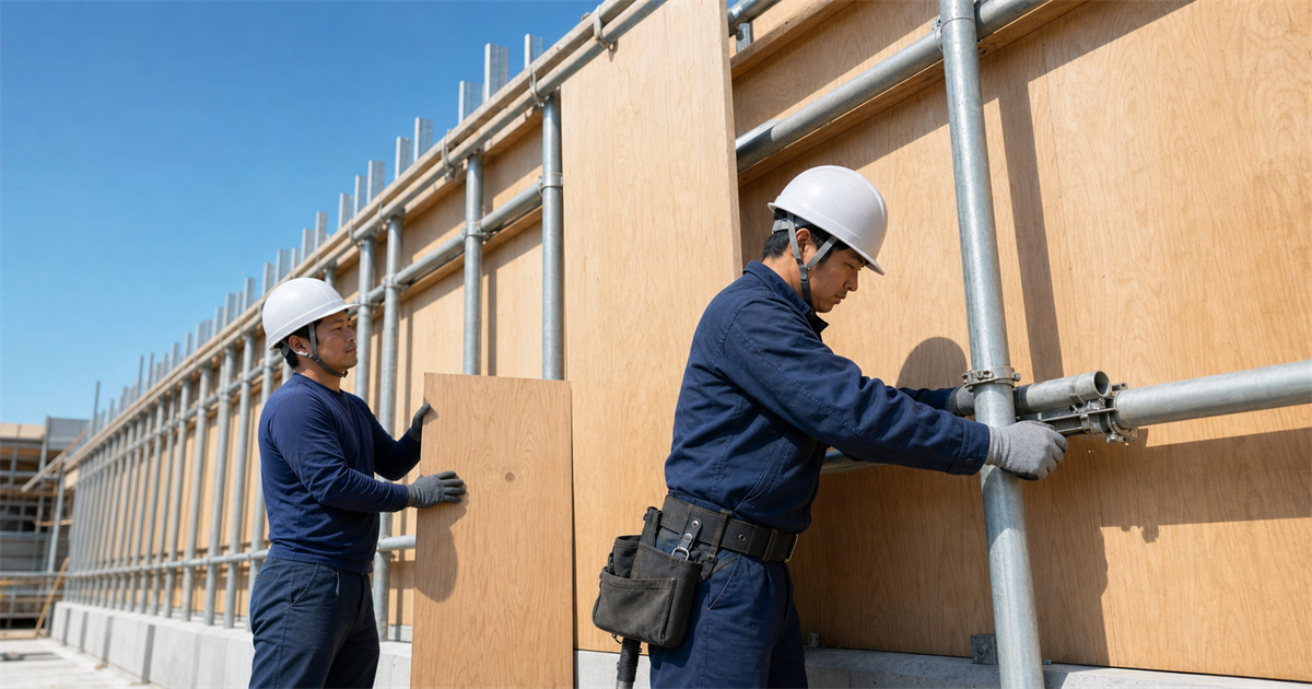 合板型枠を立て込む作業員。型枠工事が大工工事業に含まれることを表すイメージ