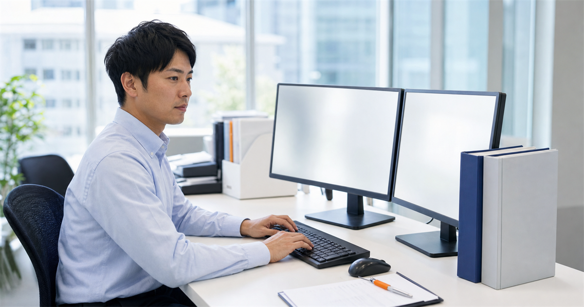 デュアルモニターの前で建設業許可とCCUSの書類をまとめて電子申請する事務担当者