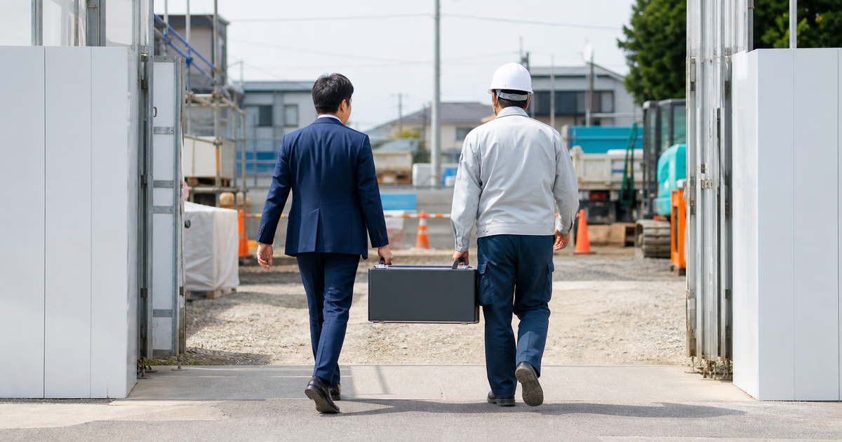現場ゲートで一つの書類ケースを分け持ち並んで入場する行政書士と経営者の後ろ姿。建設業許可とCCUS登録をセットで一体的に進める効率性を象徴