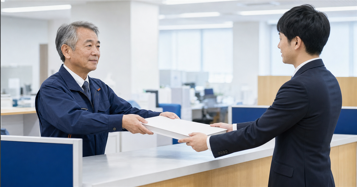 窓口カウンターで承継認可の申請書類を持参で手渡す場面