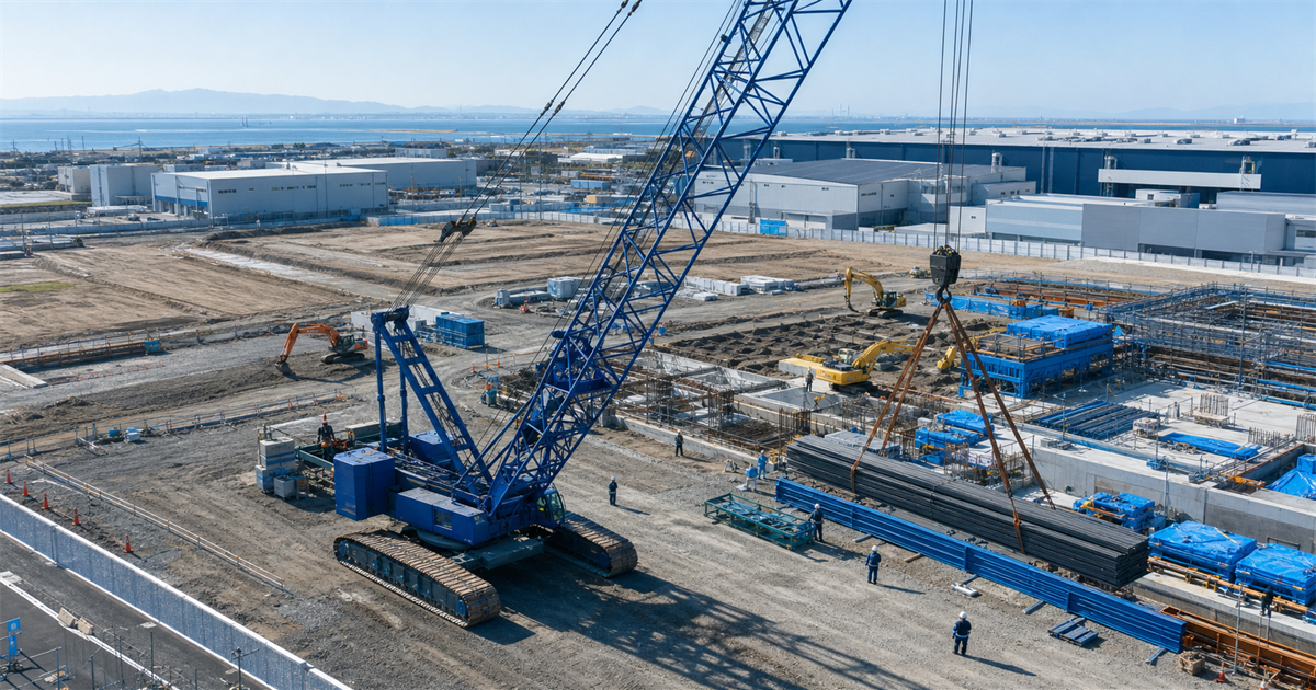 重機・クレーンのある工業団地の建設現場俯瞰——東北道 羽生IC周辺の物流・工業団地の建設需要