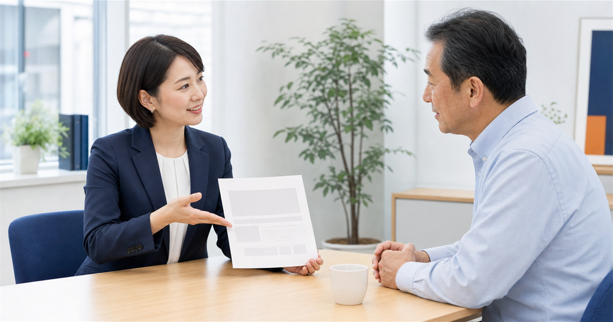 面談室で費用や役割分担を説明する女性行政書士と経営者