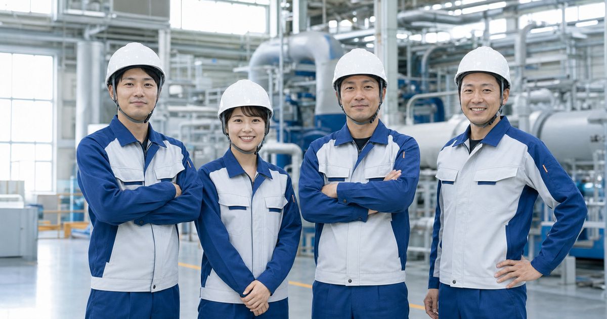 工場構内に並ぶ技能者チーム、CCUS登録代行を依頼すべき事業者像