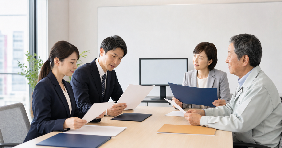 会議室で行政書士ら専門家と経営者が資料を手に役割分担で連携する様子（久喜市で相談すべき専門家と費用の目安）