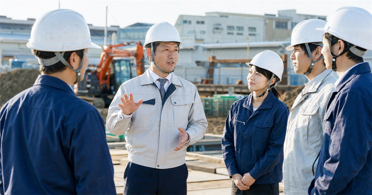 工業団地の建設現場で親方を中心に半円で朝礼する技能者チーム。技能者10名以上を抱える地場事業者が登録代行を依頼すべき典型パターンを象徴