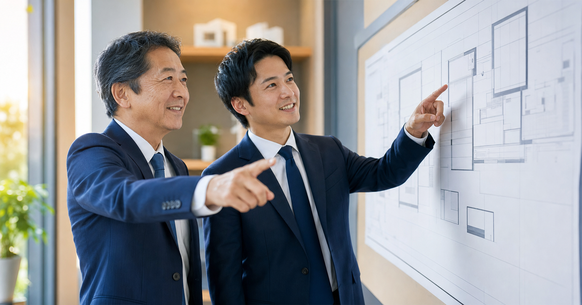 現経営者と後継者が事業計画を前に将来を描く（鴻巣市の事業承継は5〜10年前から）