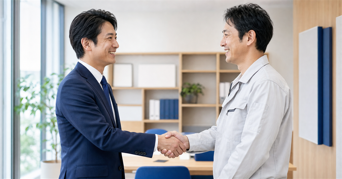 行政書士と一人親方が握手する事務所。行政書士にCCUS登録代行を頼むメリット